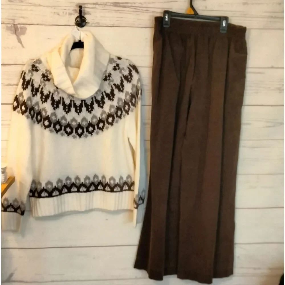 Cozy Fair Isle Sweater - Cream and Black & Corduroy Pants